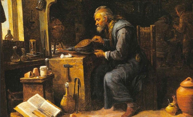 Alchemist heating a pot, painting by David Teniers the Younger