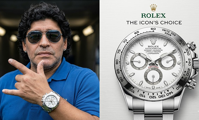 AI-generated illustration of Diego Maradona wearing Rolex Daytona watches