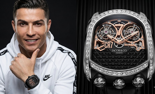 AI-generated illustration of Cristiano Ronaldo with a Jacob and Co Bugatti watch